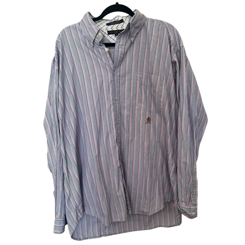 Tommy Hilfiger Men's XL Striped Button Down Shirt — Purple Blue White, Logo